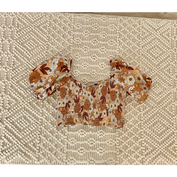 J. Crew Brown Zinnia Floral Retro Puff Sleeve Cropped Smocked Top Medium - Picture 3 of 6